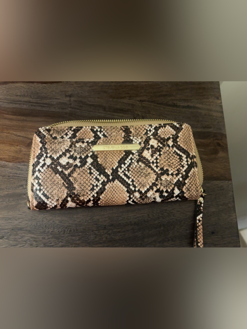 Snake-Print Zip Wallet Wristlet in Beige and Black